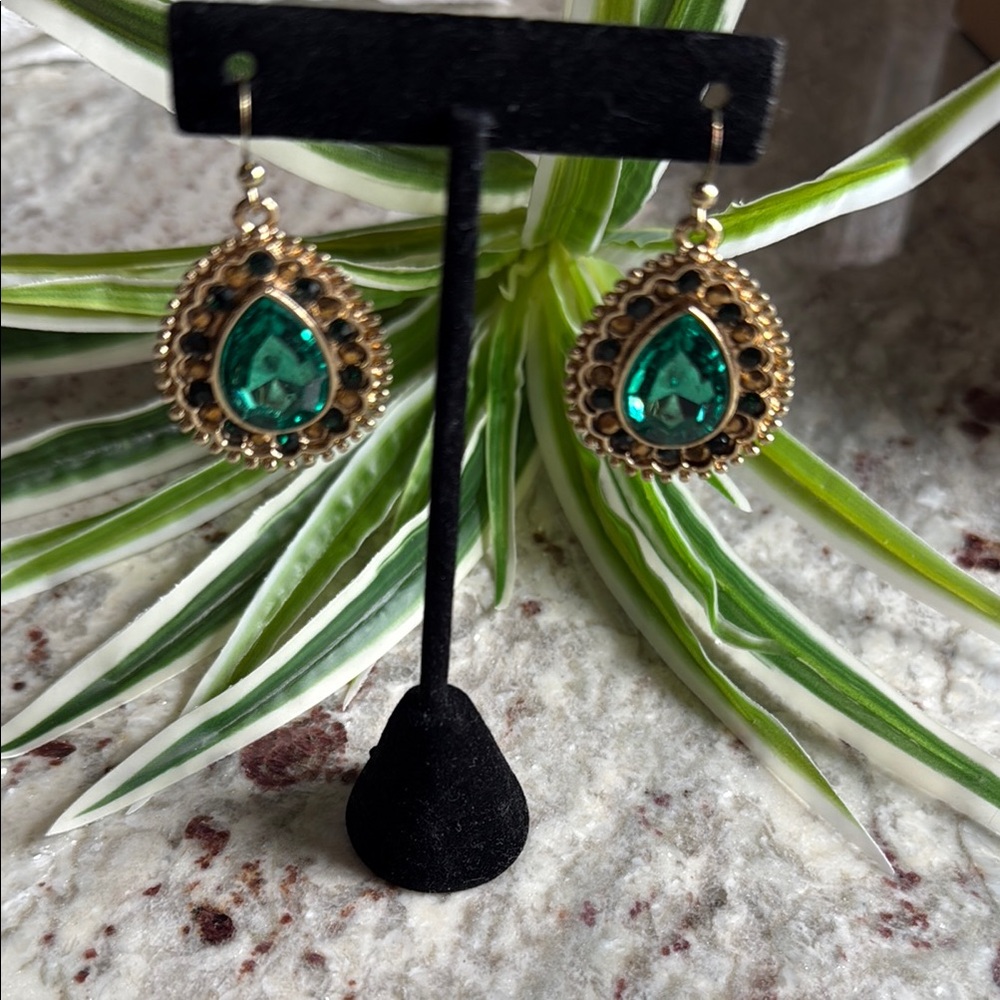 Gold Teardrop Emerald Crystal Drop Earrings